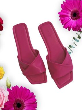 On 34st Catryn Pink Slide Flat Sandals Fuchsia Slide Mules with Overlap-Strap